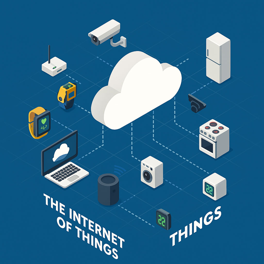 🏠 La Domotica nell’Era dell’Internet of Things (IoT) L’immagine rappresenta una visione integrata e futuristica di una casa intelligente, dove la domotica è protagonista assoluta. Al centro, si osserva un'abitazione interconnessa, circondata da icone che simboleggiano dispositivi intelligenti come:

🧠 Termostati smart che regolano la temperatura in base alla presenza e alle abitudini degli abitanti.

🔒 Sistemi di sicurezza avanzati (telecamere, sensori di movimento, serrature intelligenti) controllabili da remoto.

💡 Illuminazione automatizzata, con lampadine che si accendono e si spengono in funzione della luce naturale o della posizione degli utenti.

📺 Elettrodomestici connessi come frigoriferi, lavatrici, forni, gestibili tramite smartphone o assistenti vocali.

🎙️ Smart speakers (es. Alexa, Google Home) che fungono da hub centrale per impartire comandi vocali.